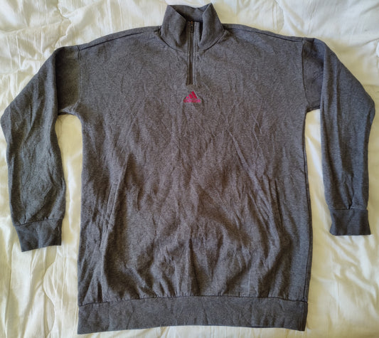 Sweat Adidas Gris Col Zippé – Pull 1/4 Zip Homme Taille M (40-42) – Logo Rose Brodé – Seconde Main