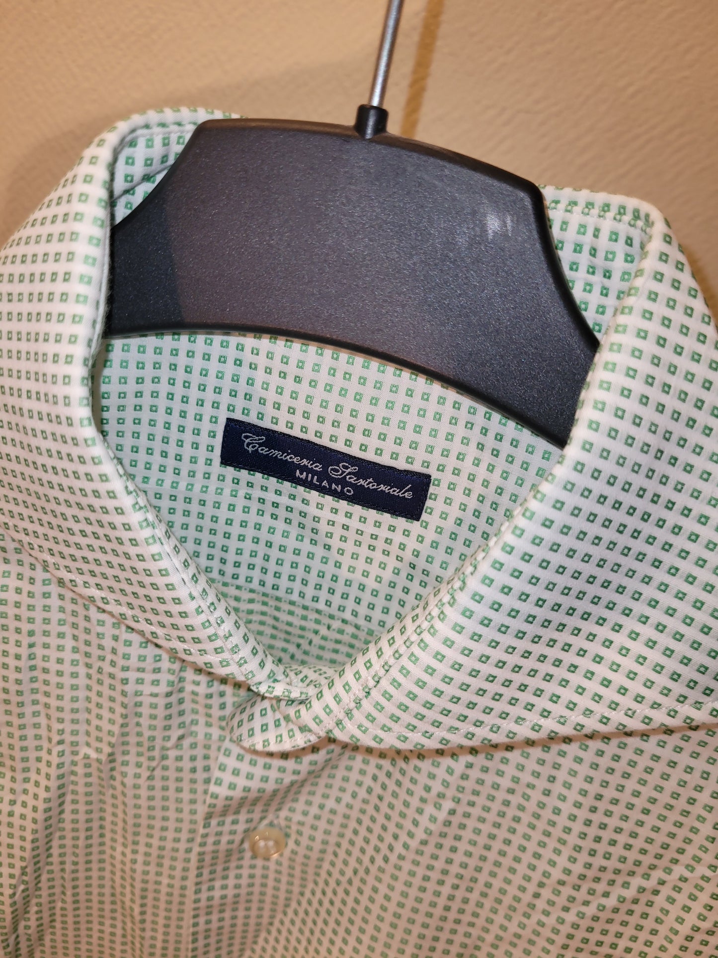 Chemise Homme Luxe Italienne Verte Blanche Motifs Carreaux Milano Élégante Chic Habillée Taille 40 15½